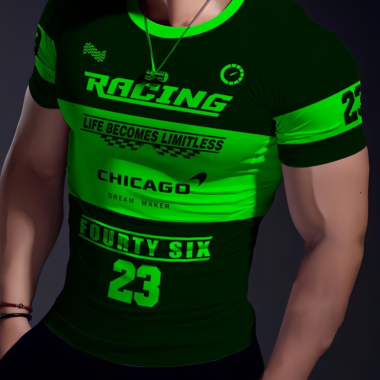 Men'S Racing Graphic T-Shirt - Bold Neon Green Black Racing Car Design, Lightweight Breathable Fabric for Motorsport Events, Casual Streetwear - Chicago Dream Maker Inspired Casual Attire, Racing Jersey, Event Apparel, Spor