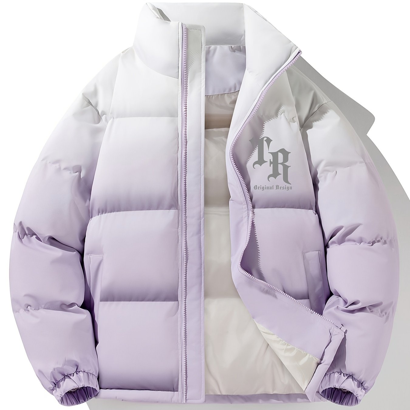 1pc Men'S Street Style Stand Collar Coat, Alphabet Print, Regular Fit, Drawstring Detail, Non-Stretch Woven Polyester, 100% Polyester Filler, Long Sleeve Casual Warm Gradient Jacket for Autumn and Winter