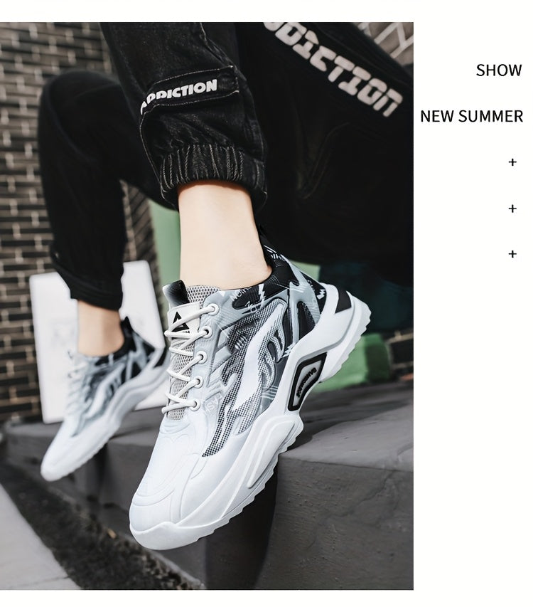 Men's Sneakers - Lightweight Cushioned Platform Sneakers with Lace-Up Closure, Non-Slip PVC Sole - Breathable Gym, Running, Casual Shoes in Grey/Black colorway - for Everyday Light Hiking, Gym Shoes