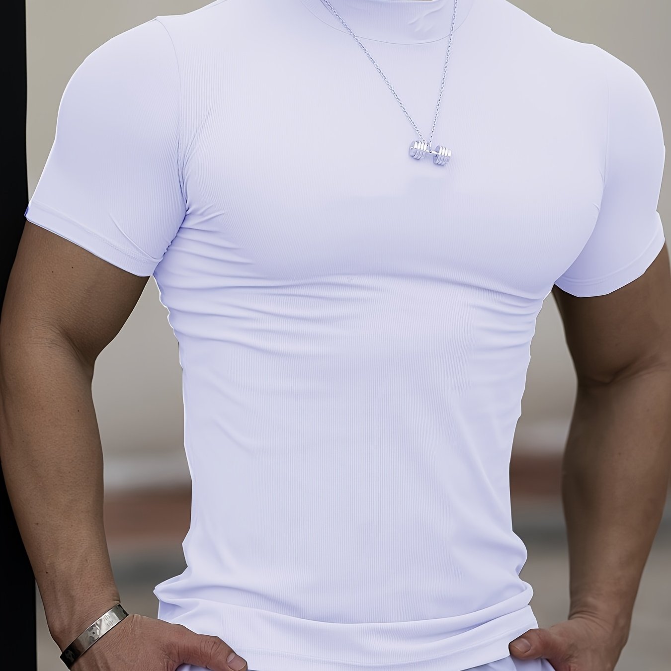 Men'S White Short Sleeve T-Shirt - Stretchy, Moisture-Wicking, Round Neck, Casual Fitness Wear for Summer, Sporty Style, Sportswear Tee Sporty Neckline Stretchy Fabric