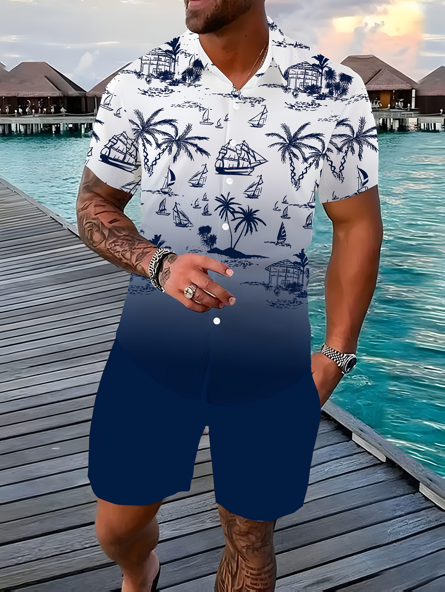 Men's 3D Printed Lapel Casual Shirt and Shorts Set