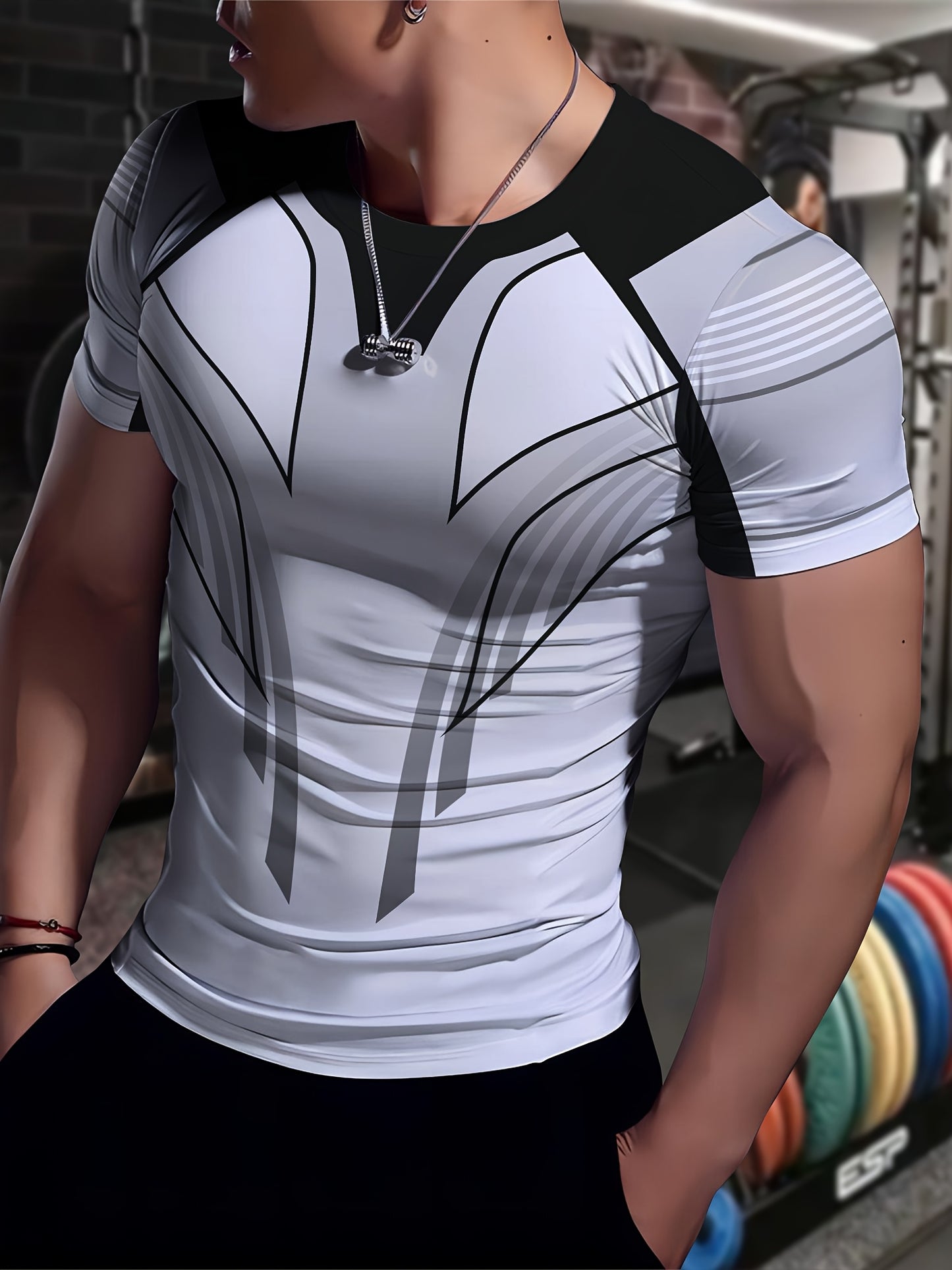 Men'S Slim Fit Breathable T-Shirt with Intricate Black White Geometric Print - Moisture-Wicking Polyester-Spandex Blend, Machine Washable, Round Neck Short Sleeve for Summer Casual Wear, Gym, Hiking Outdoor Activities