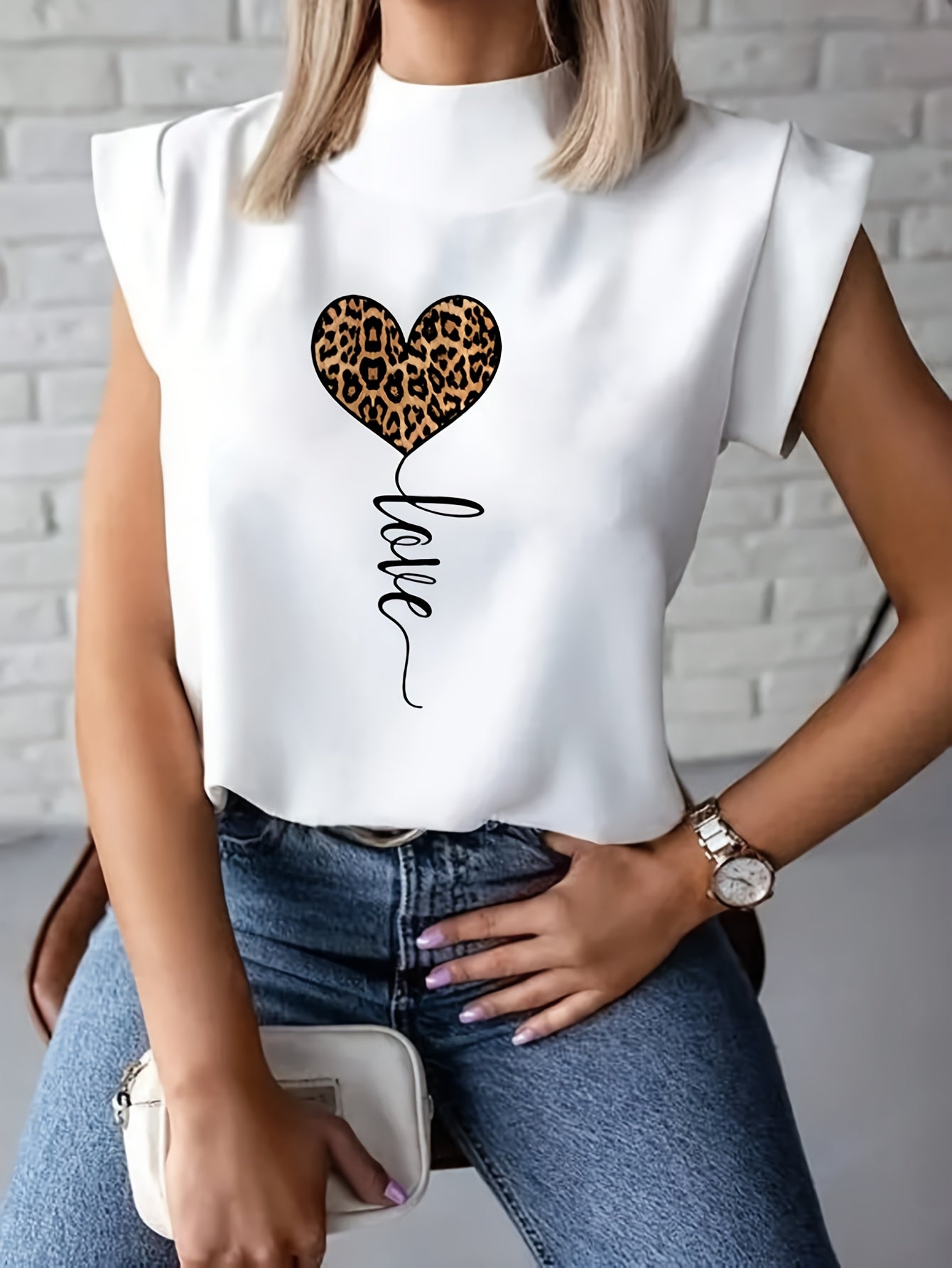 Women's Fashionable White T-Shirt with Leopard Print Heart and "LOVE" Cursive - Short Sleeve, Polyester Blend, Machine Washable