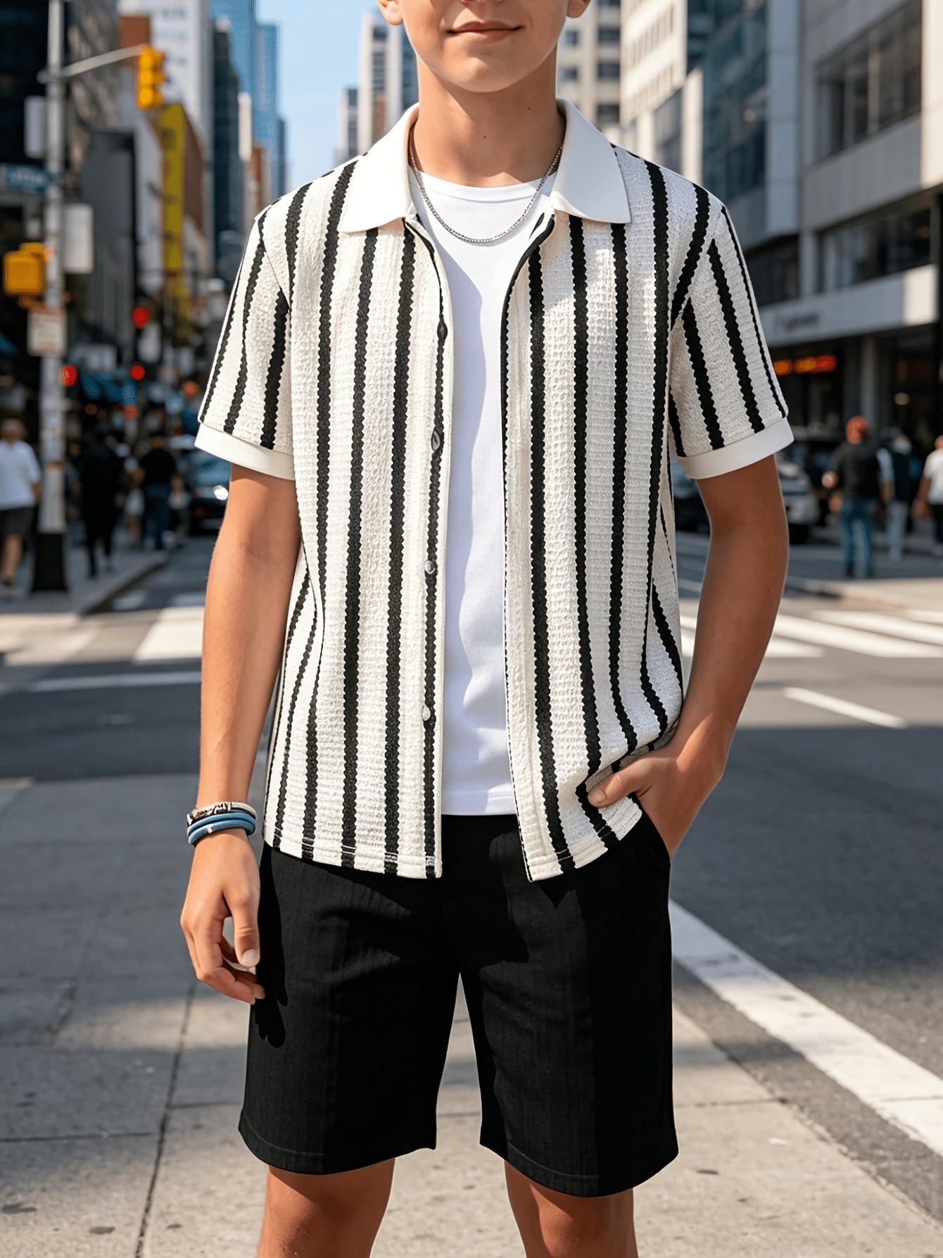 Youth Striped Short-Sleeve Casual Button-Up Shirt for Teens