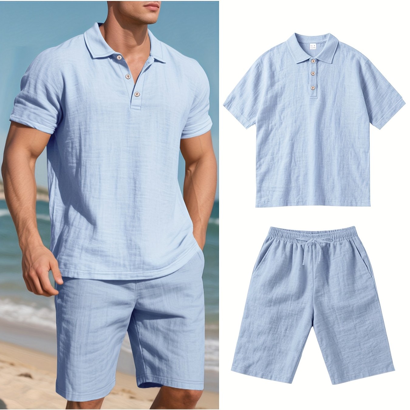 Essential for a Cool Summer! Men's Linen Shirt & Shorts Set, Comfortable Casual Outing Choice - Simple Beach Vacation Style Solid Color Linen
