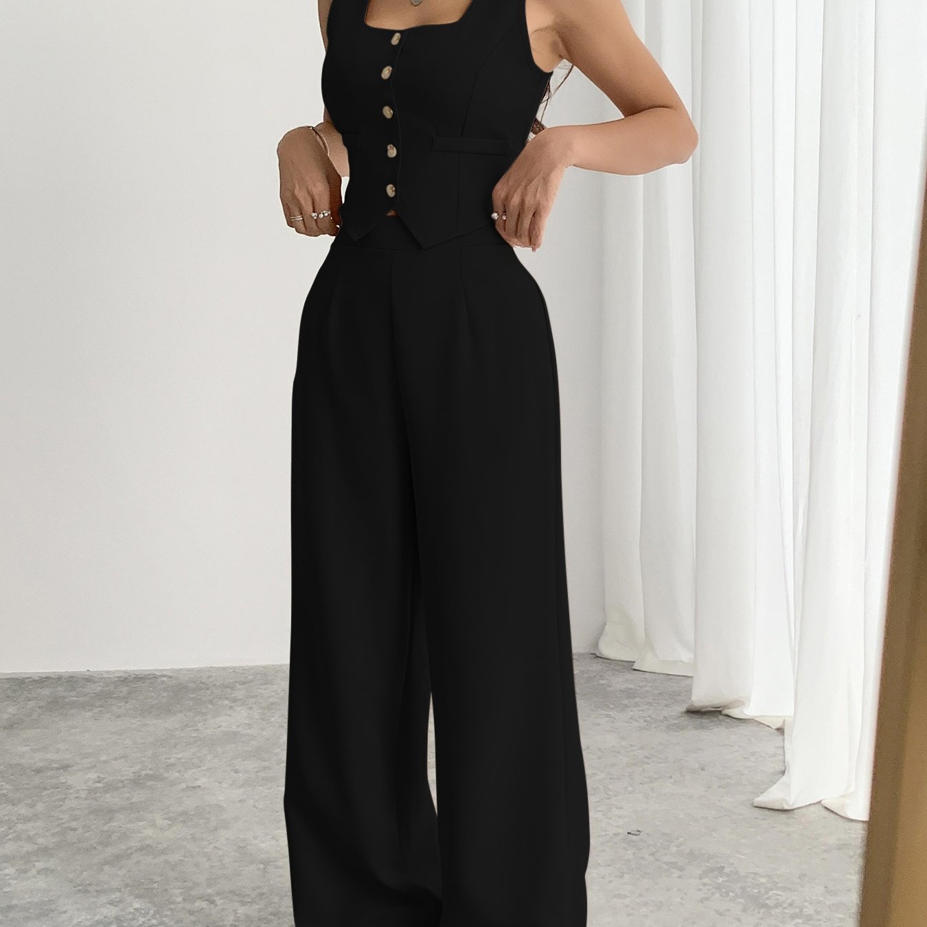 Two-Piece Women's Square Neck Sleeveless Button-Up Blouse and Loose Wide-Leg Pants Set