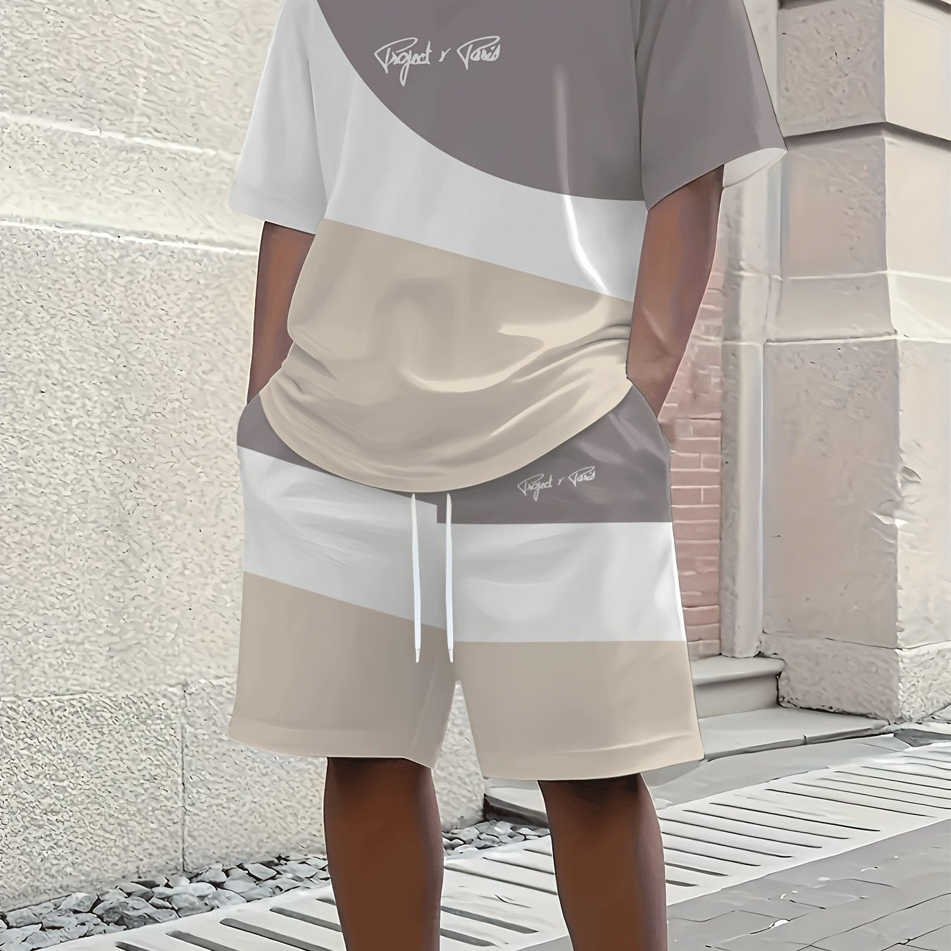 1 Set of 2pcs 3D Letter Print Fashion Tri-Color Men's Summer Fresh T-Shirt and Shorts Set, Slightly Stretchy Polyester Knit Fabric, Regular Fit, Suitable for Outdoor Activities and Family Gatherings
