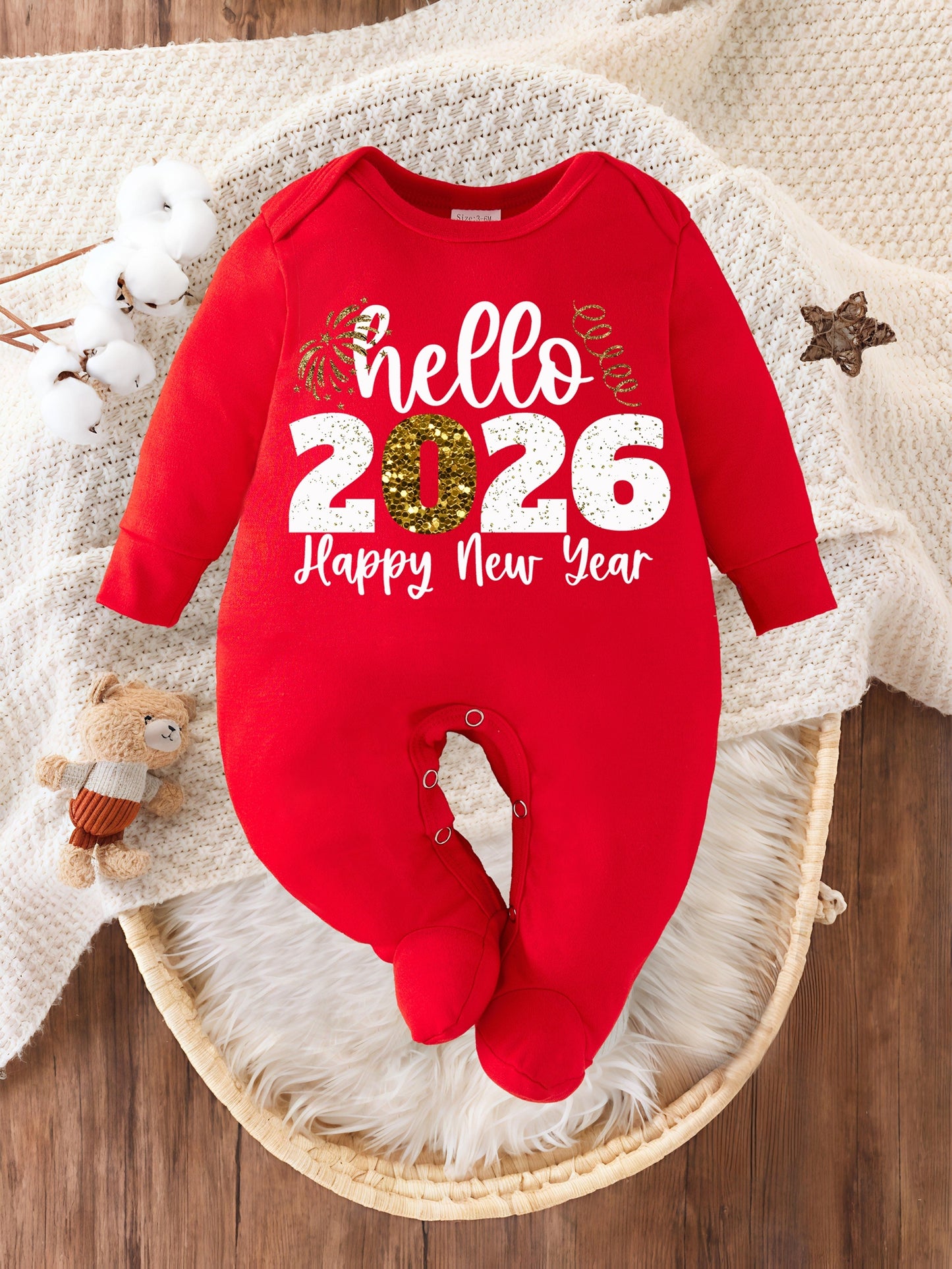 Hello 2026 Happy New Year Alphabet Print Newborn Baby Bodysuit | All-season, Footed, Casual Style, Suitable for Baby Boy, for Outdoor