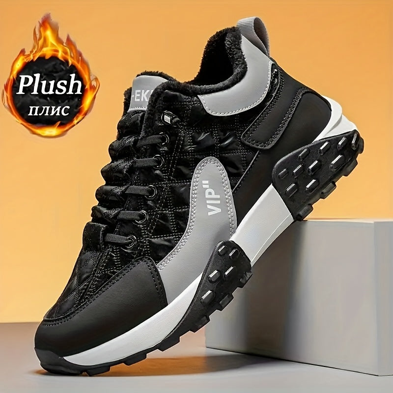 Men's Winter Warm Low-Top Ankle-High Hiking Boots with Plush Lining, Anti-Skid Traction Tread & PU/PVC Sole - Beige/Navy Blue/Tan Brown - Lace-Up/Dual Closure for Ice, Snow, Mud - Cold Weather Outdoor Trekking, & Daily Winter