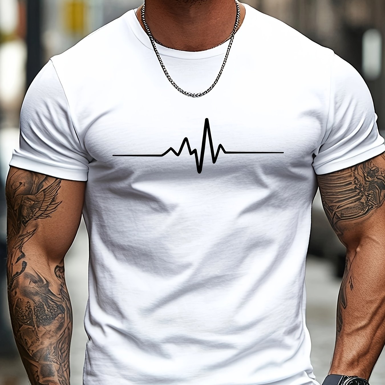 Men'S Brown T-Shirt with ECG Heartbeat Graphic - Casual Streetwear, Short Sleeve, Round Neck, Stretch Fabric, All-Season Comfort, Casual Streetwear Tee Round Neck Tshirt Comfortable Fit