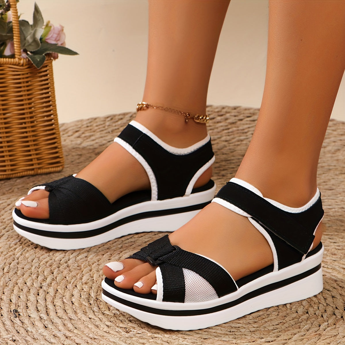 Women's Adjustable Hook-and-Loop Strap Wedge Sandals - Breathable Fabric Upper Thick Cushioned Mid-Heel, Open-Toe Summer Casual Shoes with PU Sole for Beach, Office, Shopping, Chunky Heel Sandals, Beach Footwear, Stylish Fo