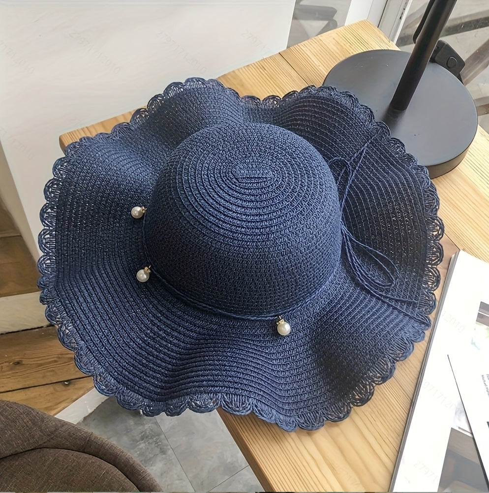 Women's Wide Brim Straw Sun Hat with Accents & Adjustable Ribbon - Protection Lace Trim Beach Wedding Casual Outdoor Hat for All Seasons