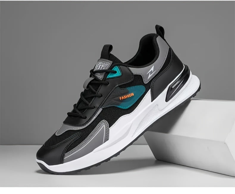 Men'S Breathable Running Sneakers with Gradient Design - Low-Top Lace-Up Casual Shoes, Durable PVC Sole, EVA Insole, Fashionable Black White Patterns, Ideal for All Seasons Outdoor Activities