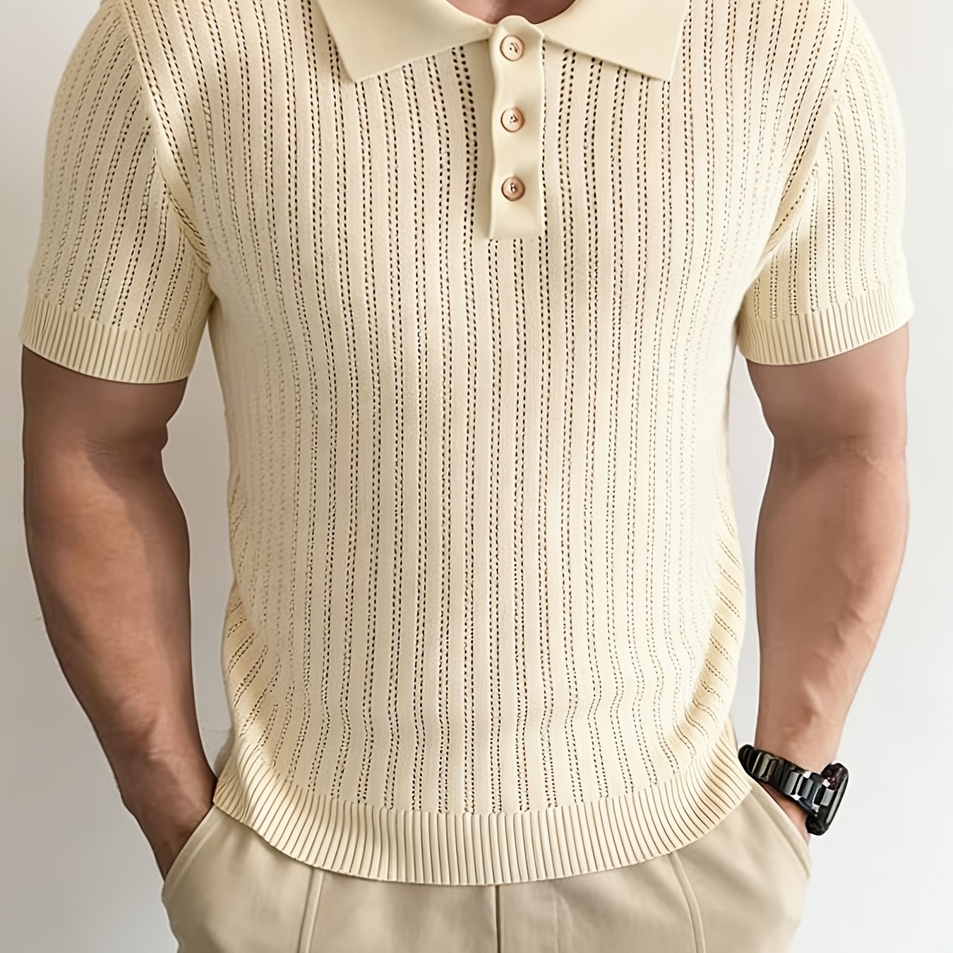 Men'S Summer Knitted Polo Shirt | Breathable Striped Design, Casual Lapel Collar, Short Sleeves, Three-Button Closure, Slim Fit, Ideal For Business Casual And Travel - ayq