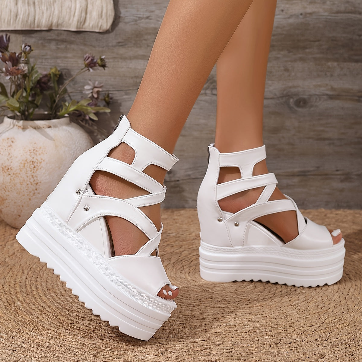 Women's White Faux Cover Wedge Sandals - 12cm Extra High Heel, Peep Toe with Cut-Out Design, Glossy Finish, Back Zipper Closure for Casual Stylish Wear, Ladies Shoes And Sandals