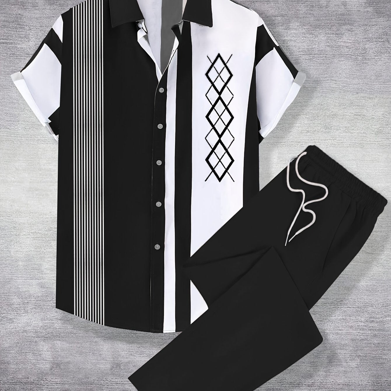 Men'S Casual Fashion Short Sleeve Shirt & Pants Set - Black & White Geometric Pattern, Polyester, Non-Stretch, Summer Sportswear, Regular Fit, Casual Attire|Geometric Pattern Shirt|Polyester Fabric