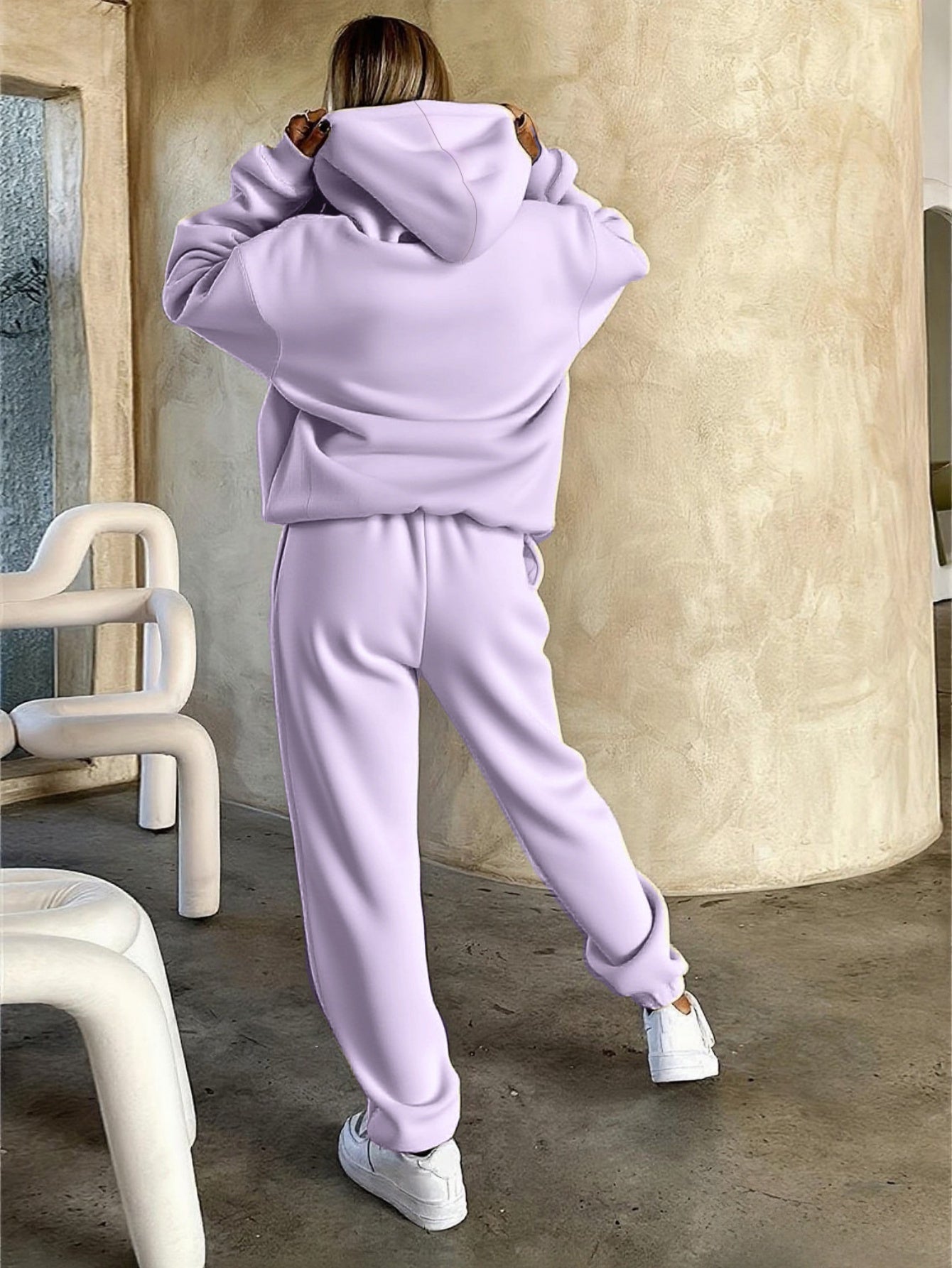 New Arrival Gray Print Women's Hooded Drawstring Sweatshirt and Pants Set, Autumn/Winter Warm Long-Sleeve Pullover with Hat, Machine-Washable Polyester, Versatile Outfit