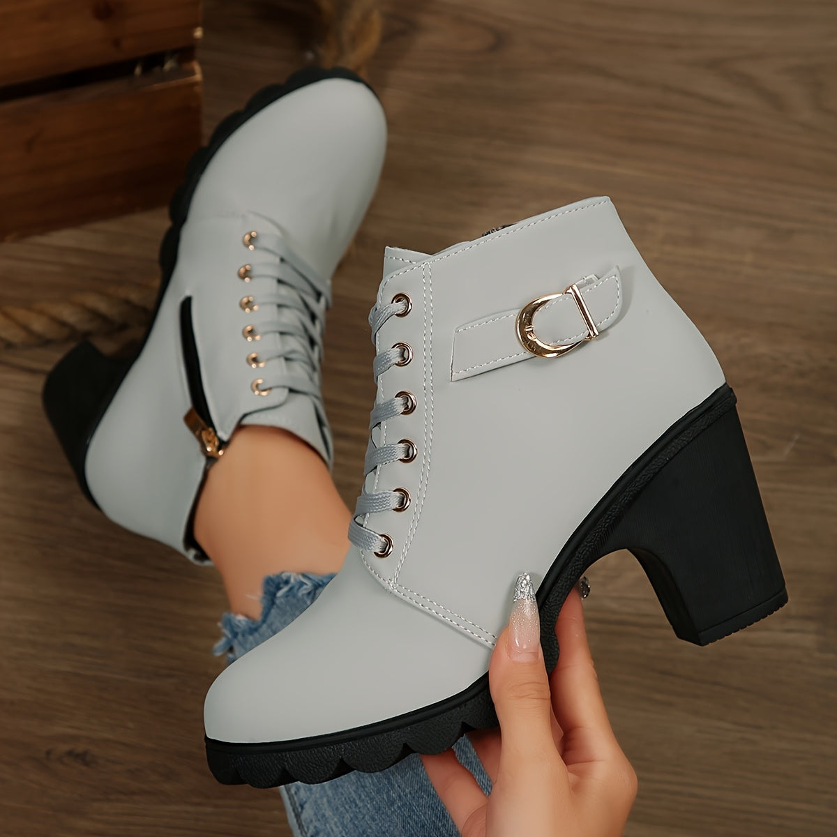 Women's Chunky platform heel Boots - Lace-up closure, Faux Cover Round-toe boots with, Thick Platform Sole for Dresses, Jeans, Party Outfits - All-Season Everyday Formal Shoes, Stylish Outfit Additions, Side Zipper Detail,