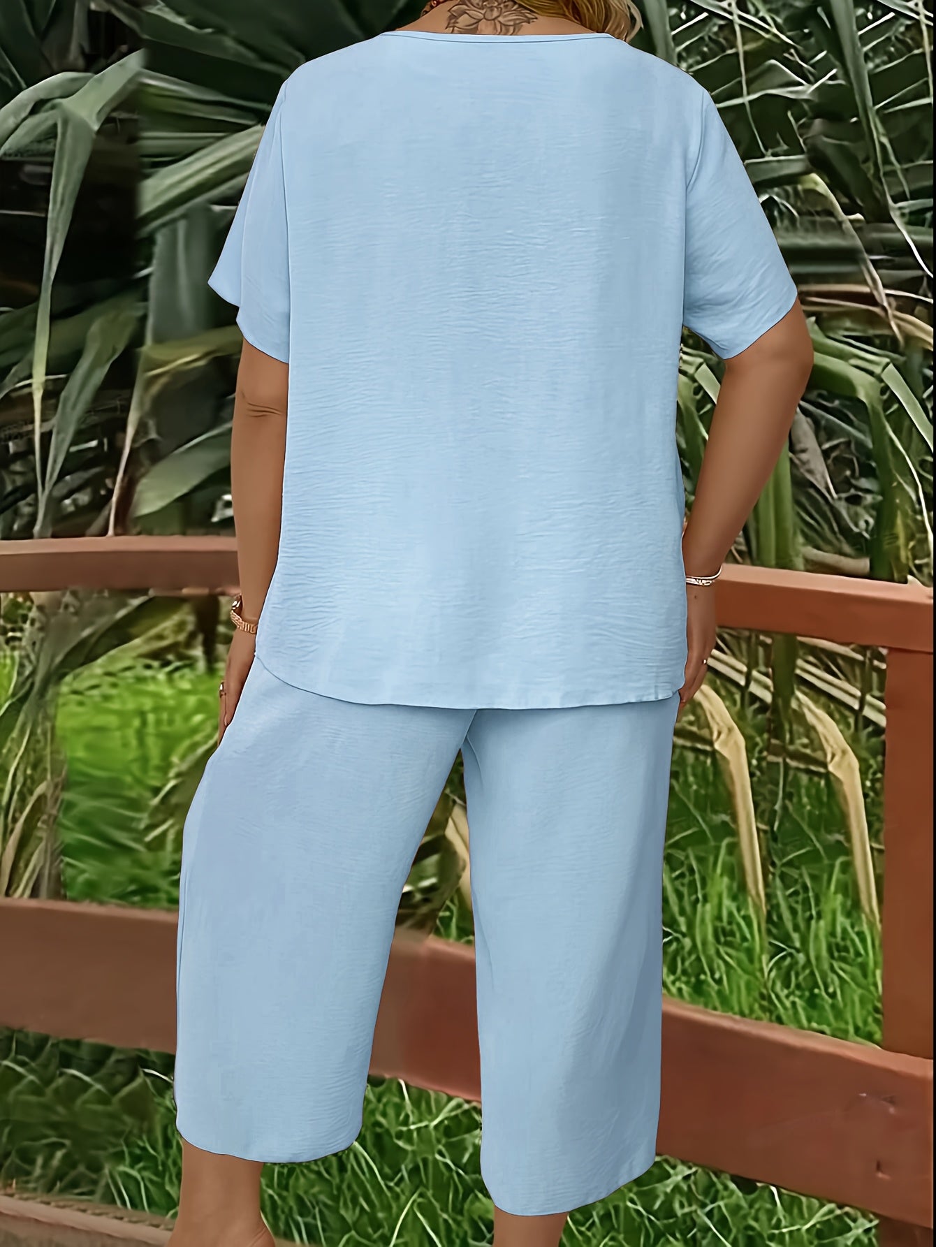 Women's Plus Size Suit, Elegant Solid Color Short Sleeve Top and Wide Leg Pants