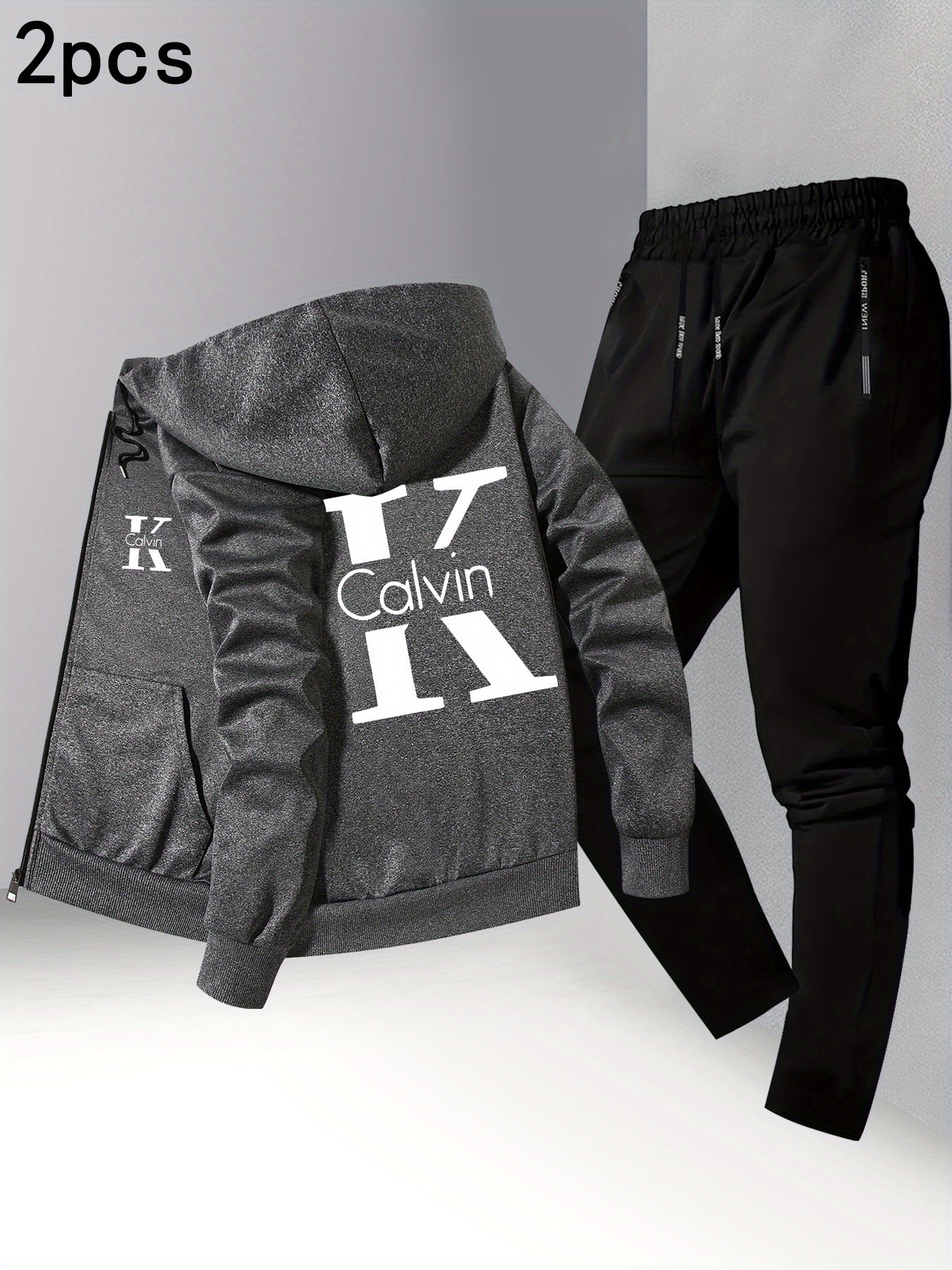 Men's Trendy Autumn/Winter Hooded Jacket and Shirt Two-Piece Set with CK Print, Casual Business Outfit, Youth Leisure Baseball Uniform Stand Collar Suit