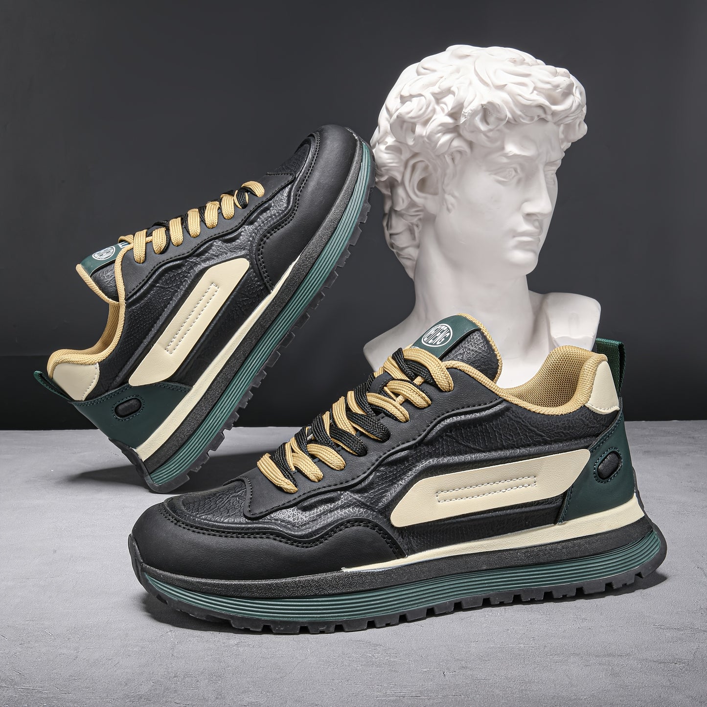 Men'S Breathable Lace-Up Sneakers - Color Block Design, Thick Sole, Casual Athletic Shoes for Casual Attire, Low-Top Style, Lace-Up Closure, PVC Sole, Fabric Inner, Round Toe, Faux Upper, Available in Black, Gray, Blue, Green