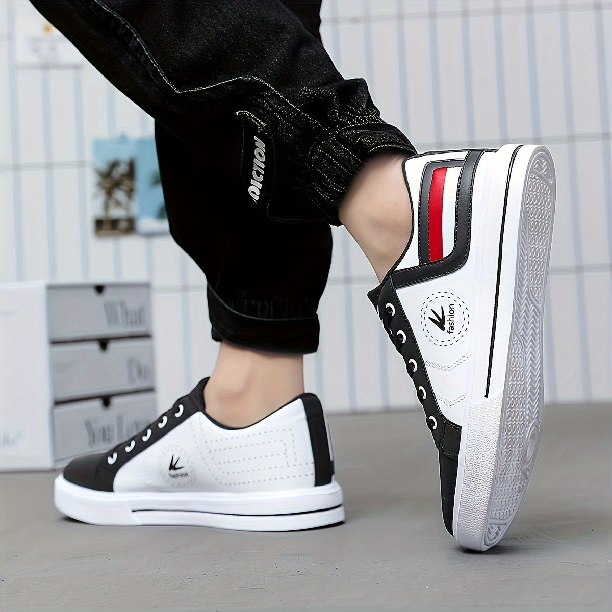 Athletic Chic Men's Fashion Sneakers YY-9003, Casual Sports Low Top Lace-Up Shoes with Striped Microfiber Synthetic Upper, Fabric Inner EVA Sole for Outdoor Running