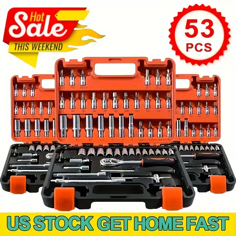53/50pcs Chrome Vanadium Impact Socket Set, 3/8 Inch Drive, 6-Point Design, Includes SAE Sizes from 5/16 to 3/4 Inch and Metric Sizes from 8 to 22mm, with Ratchet Handle, Extension Bar, Adapter, and Glove