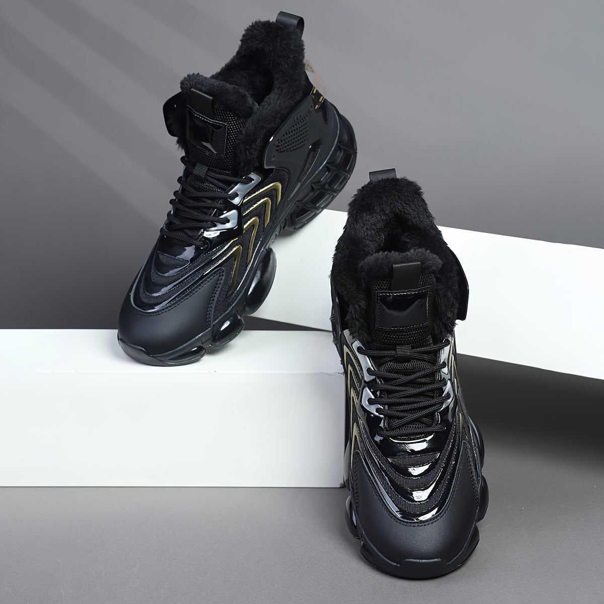 Men's Winter Warm High-Top Sneakers - Thermal Insulated PU/Fabric Upper, Golden-Tone Buckle & Strap Closure, Cushioned TPU Sole, Black/White/Golden Sneakers for Casual, Running, Everyday Winter Wear - All-Terrain Traction, Du