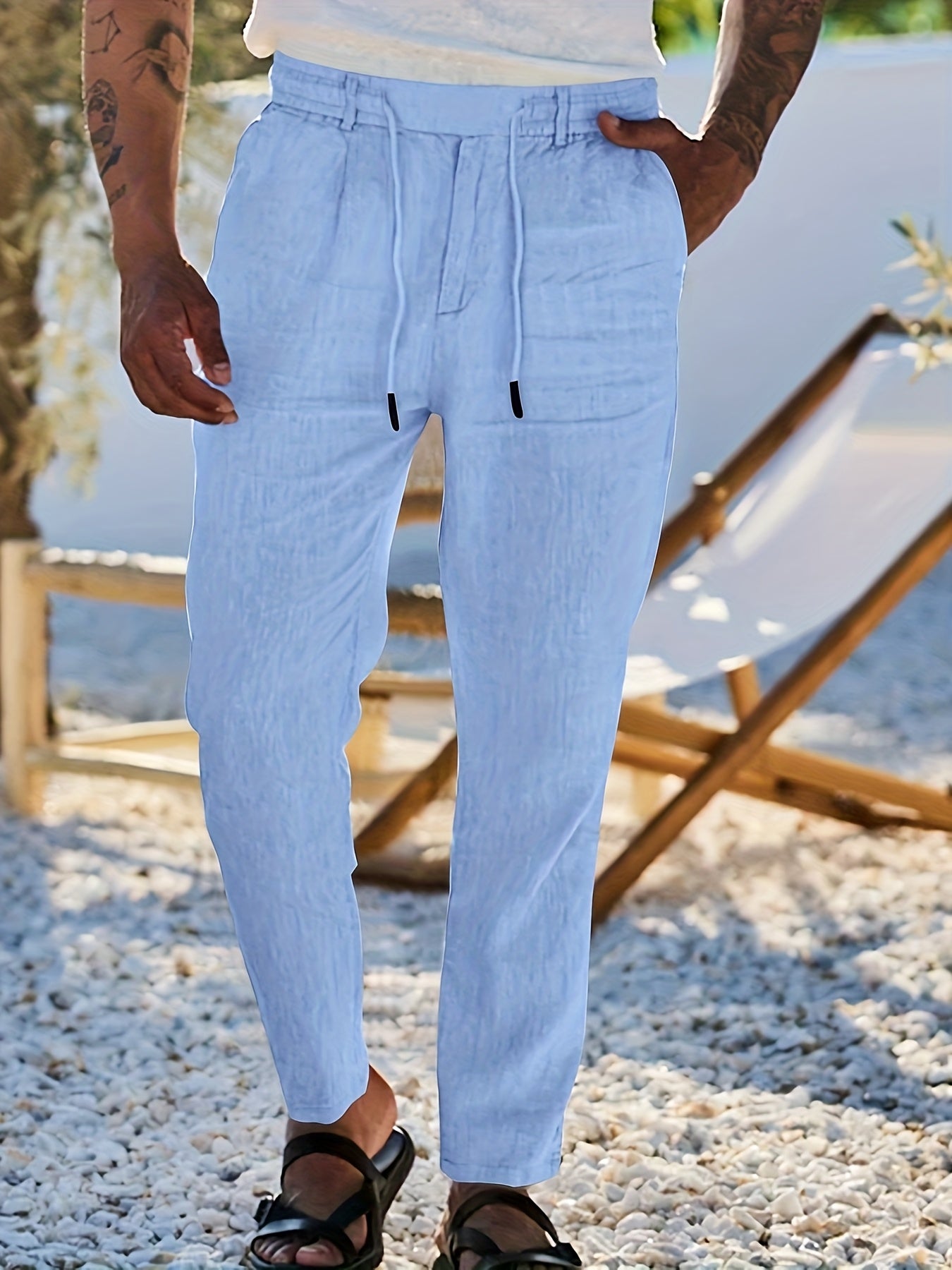 Men'S Casual Linen Drawstring Pants - Comfortable Straight Fit, Lightweight & Breathable for Beach & Outdoor Activities, Beach Casual Wear|Straight Fit Pants|Lightweight Fabric
