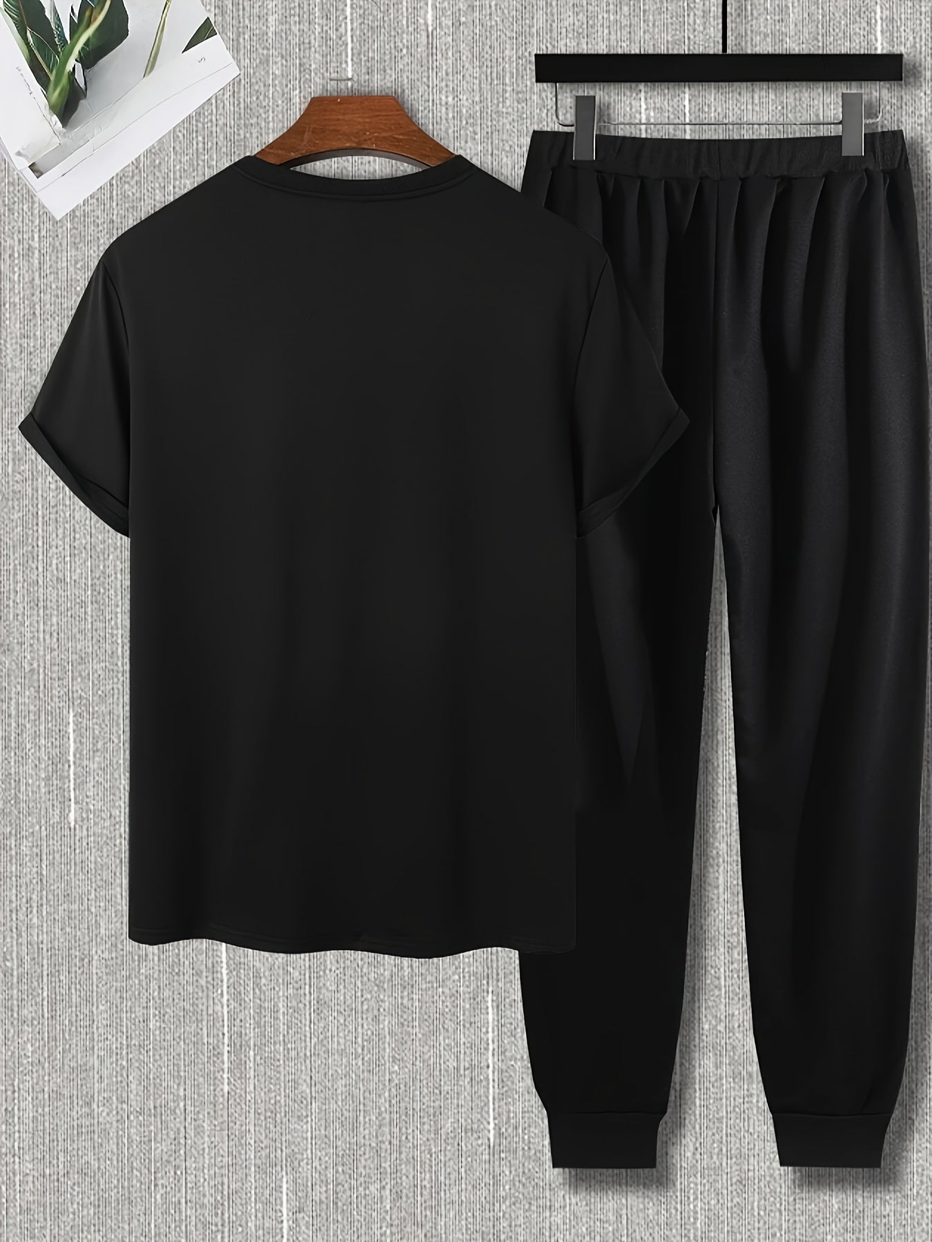 Men's casual crew-neck T-shirt, tight-legged trousers black suit, micro-elastic fabric, classic conventional