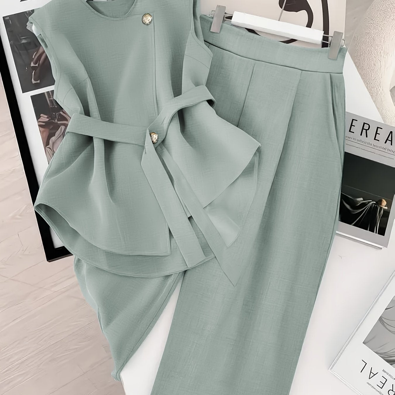 Women's Fashionable Set in Solid Color Top with Straight-Leg Pants, 2pcs Set for Elegant Style - ayq
