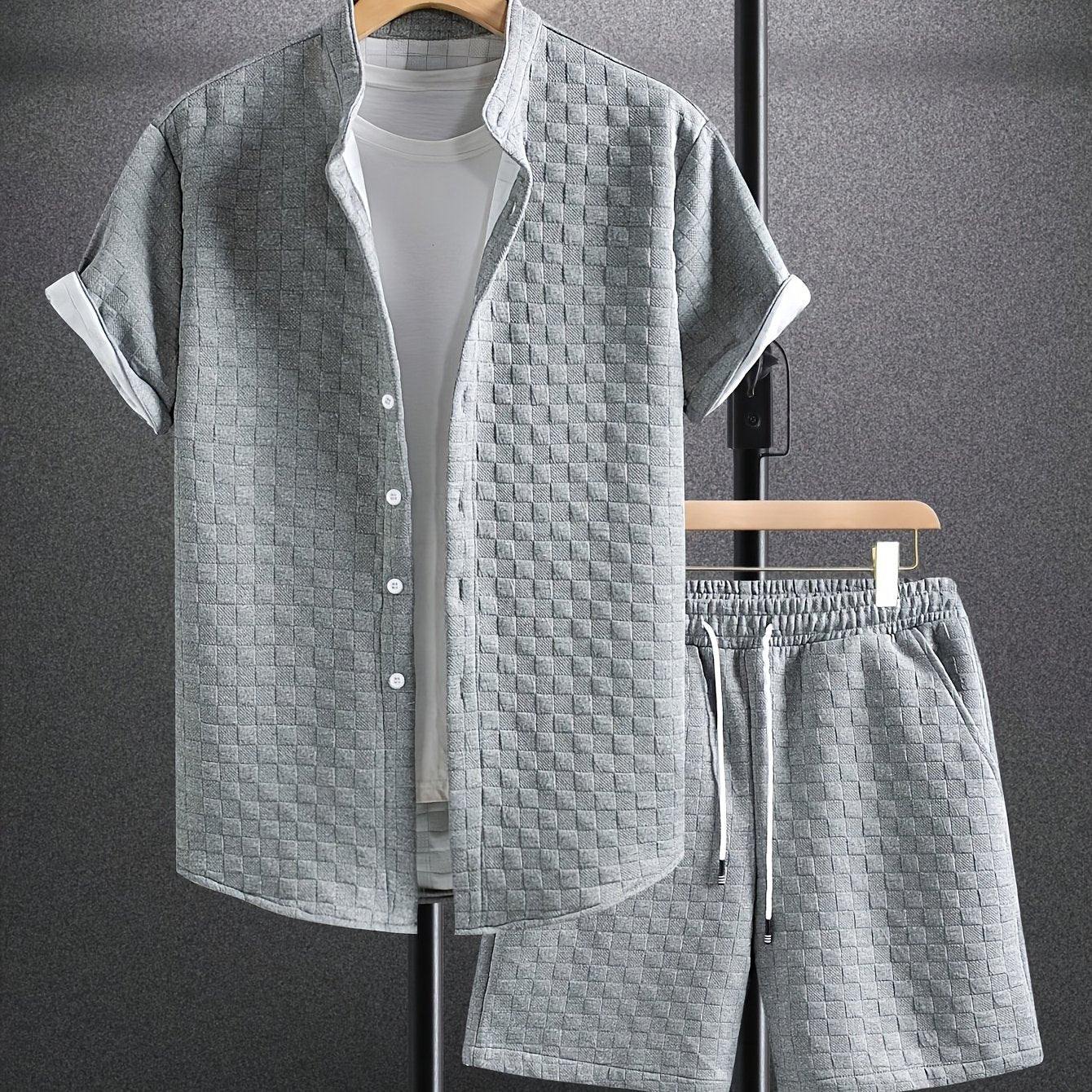 Men'S Casual Short Sleeve Button-Up Shirt & Shorts Set - Solid Black, Breathable Polyester Blend, Regular Fit for Summer, Everyday Comfort, Casual Summer Wear | Buttonup Shirt | Polyester Blend