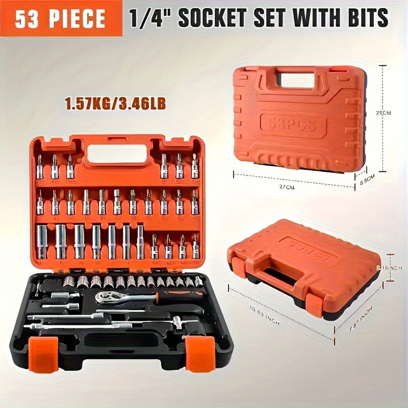 53/50pcs Chrome Vanadium Impact Socket Set, 3/8 Inch Drive, 6-Point Design, Includes SAE Sizes from 5/16 to 3/4 Inch and Metric Sizes from 8 to 22mm, with Ratchet Handle, Extension Bar, Adapter, and Glove