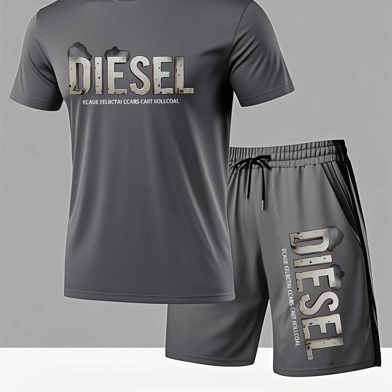Summer Men'S Casual Sports Short Sleeve T-Shirt and Shorts Set, Comfortable Breathable, Suitable for Outdoor Jogging Running Fitness, Diesel Letter Print Design - 2pcs Set