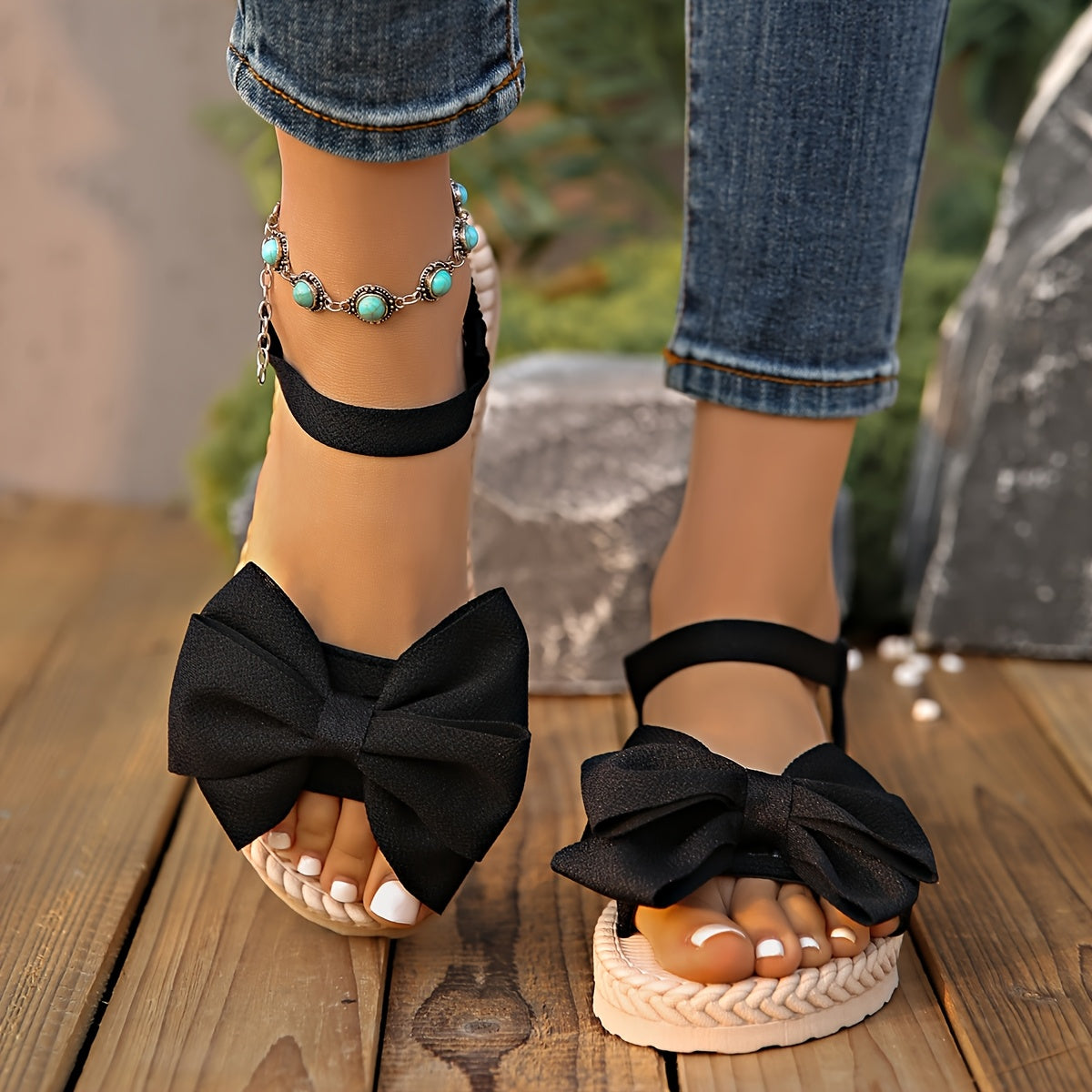 Elegant Women's Mary Jane Flat Sandals with Black Bow Detail - Lightweight Soft Microfiber Slip-On Open-Toe Beach Shoes, Comfortable EVA Sole for Casual Formal Wear, All-Season Versatile Design, Summer Footwear, Bowadorned