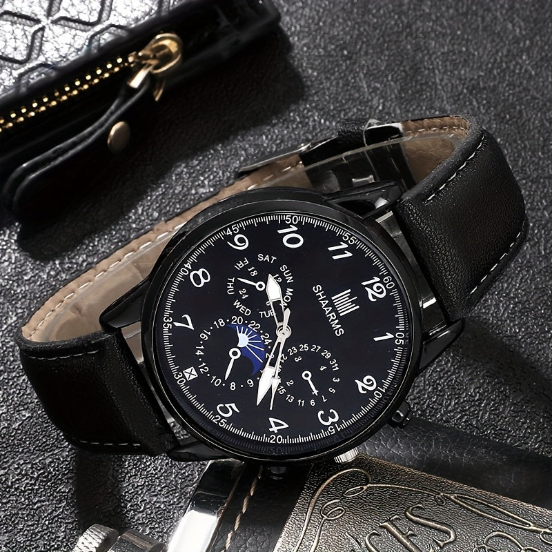 Stylish Men's 3pcs Set: Quartz Watch, Glasses & Wallet - Faux Leather Strap, Alloy Case, Digital Dial - Perfect for Gifts & Casual Attire