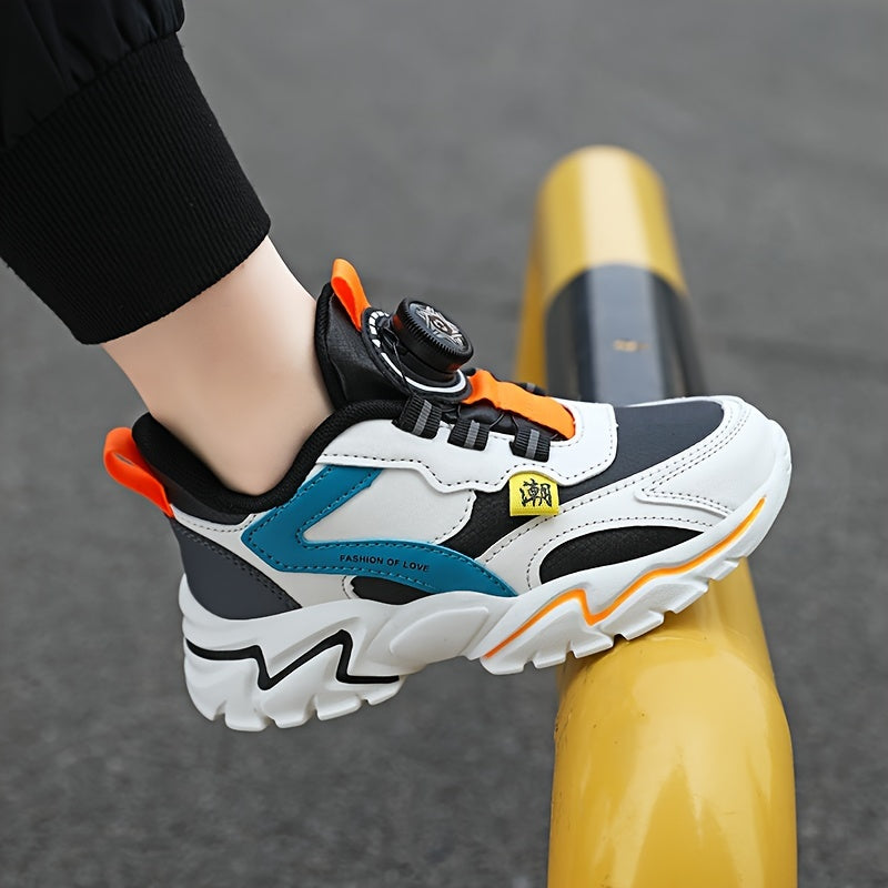 Boys' Fashion Sneakers with Striped Design - Casual Sports Running Shoes with Rotary Buckle Closure, Low Top PU Upper, Fabric Lining, EVA Sole, All-Season Comfort for Daily Wear - Tassel Detail, Round Toe for Ages 14 and Unde