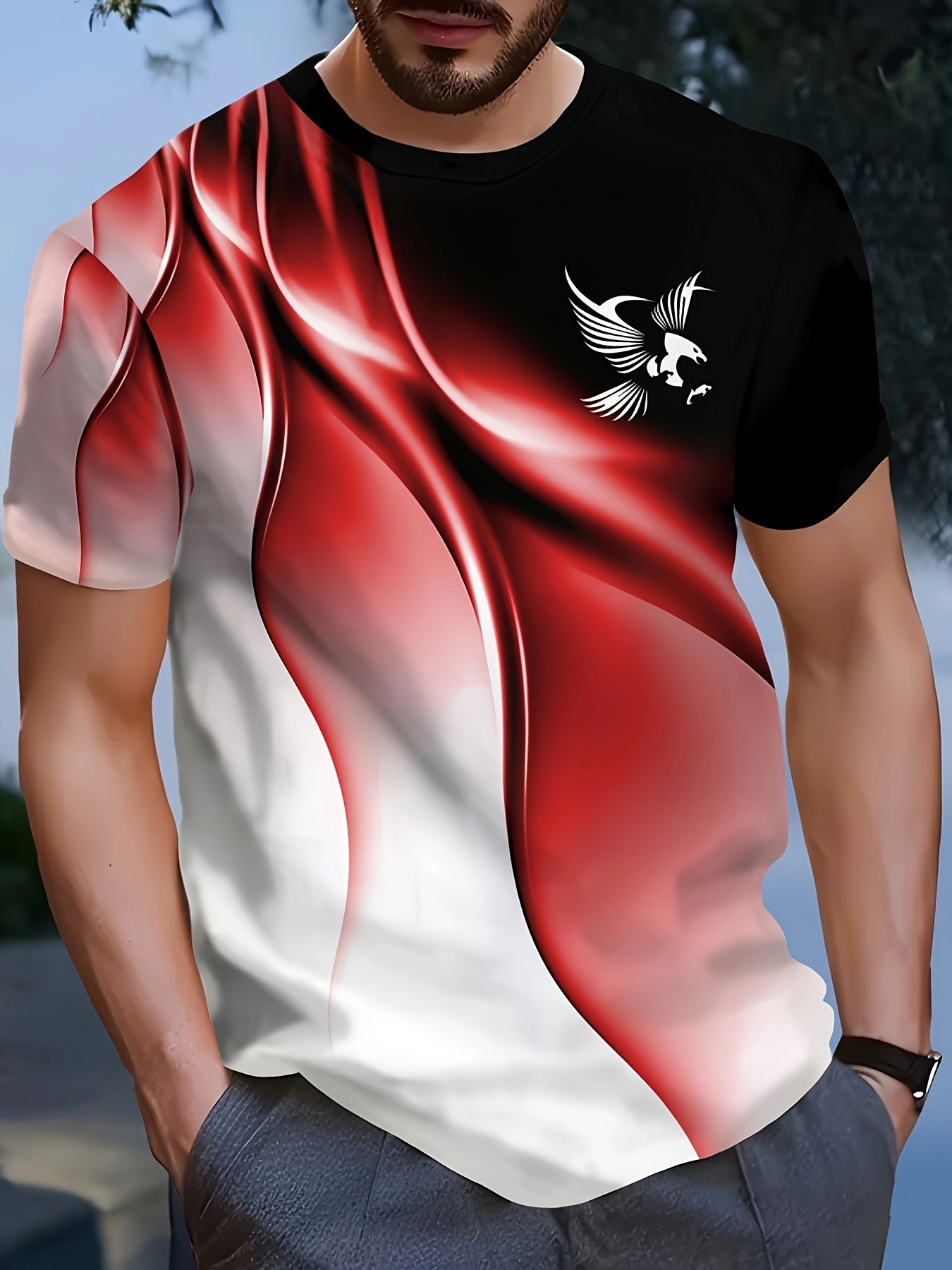 Men'S Round Neck T-Shirt with a Simple Multicolored Bird Pattern Print in Trendy Style.