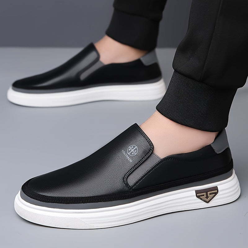 Men's Stylish Slip-On Loafers - Soft Upper, Non-Slip Rubber Sole, White with Brown & Golden Accents, Comfortable for Everyday Casual Wear, Vacation Shoes | Decorative Stitching | Synthetic Shoes, Dressy Shoes