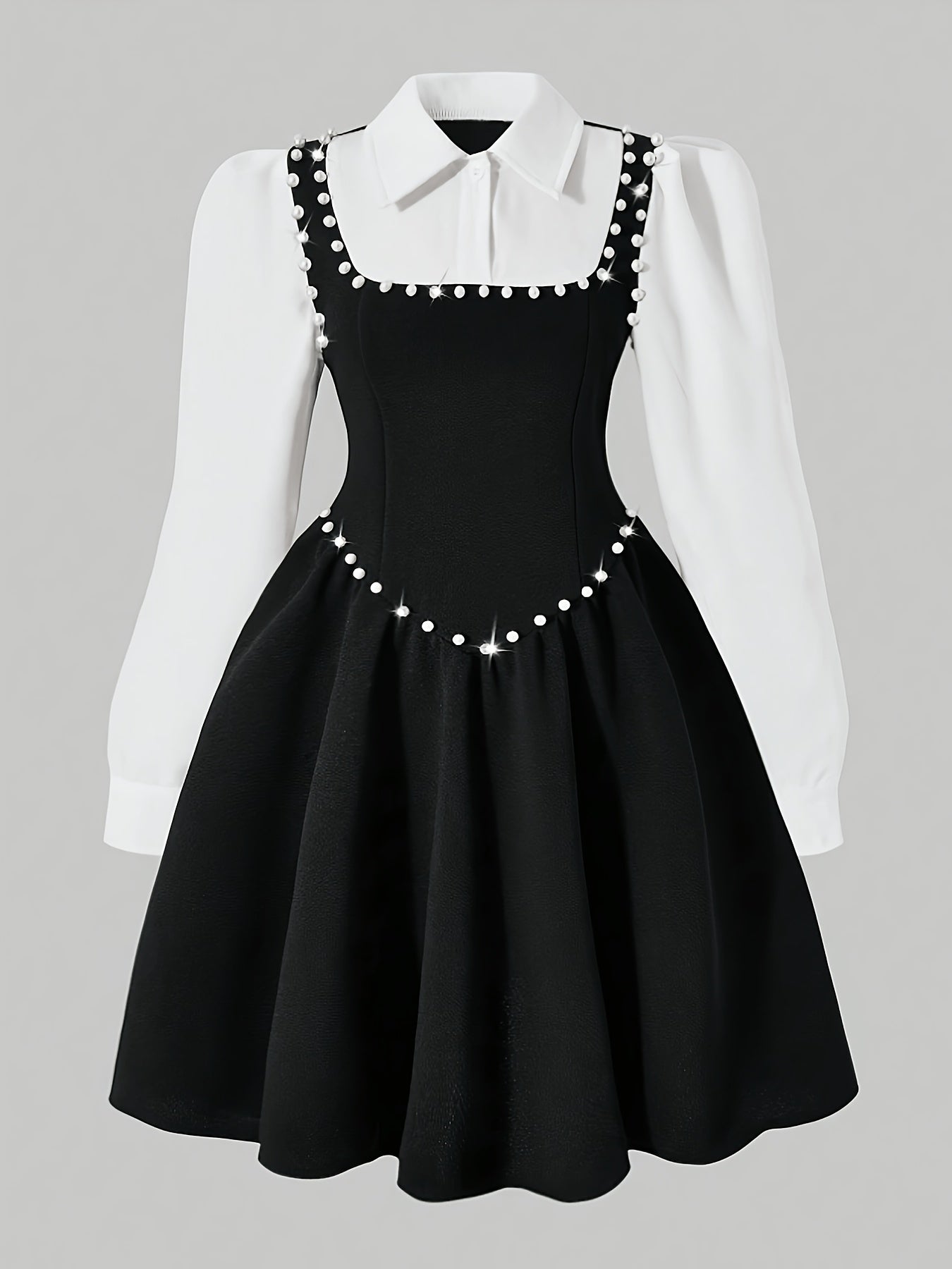 Girls' Elegant Black and White Pearl-Appliqué Dress for Spring/Fall