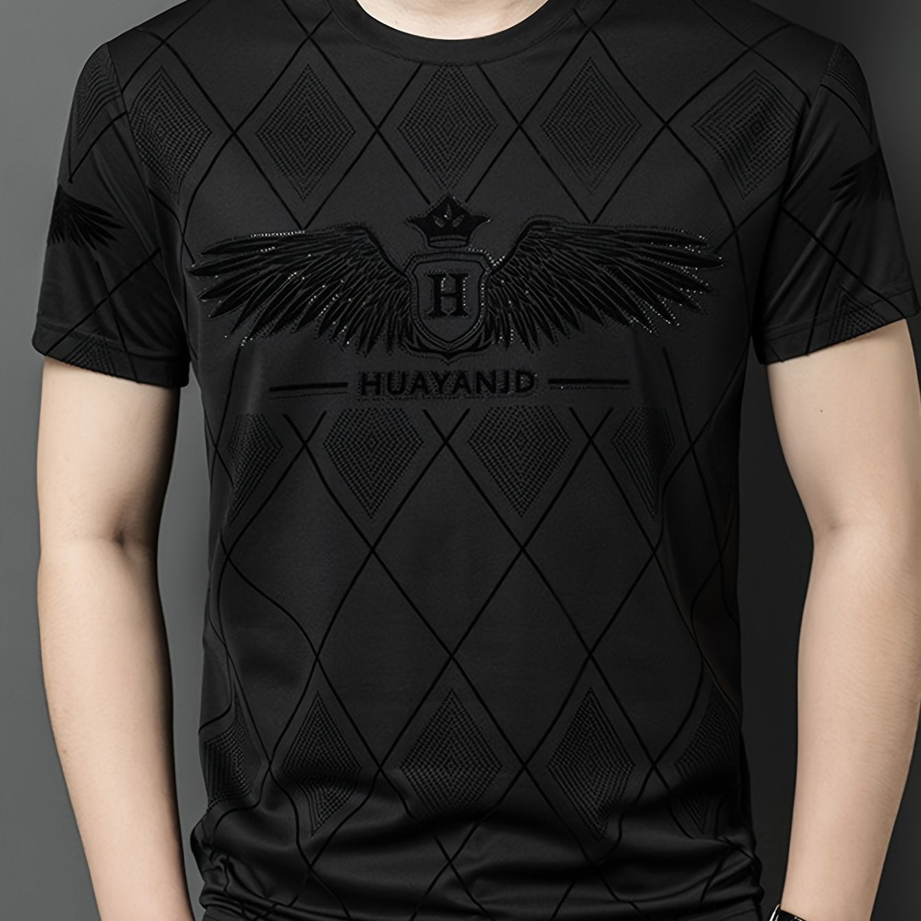 SINBOS Men's 2025 Summer Short Sleeve T-Shirt - Black Casual Graphic Print Tee with Wing HUYAND Logo Design, Breathable Stretch Fabric, Round Neck Regular Fit for Casual Attire, Nontransparent Material, Relaxed Fit, Trendy