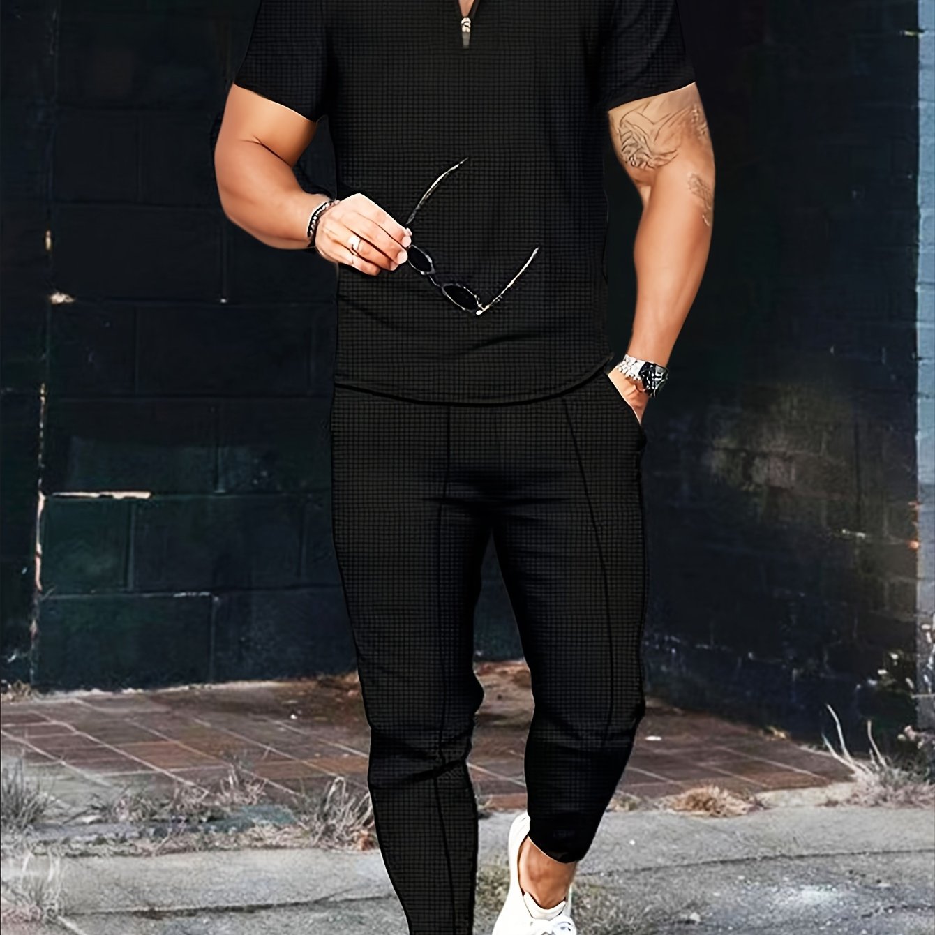Men's Fashion Short-Sleeve Long-Pants Waffle Knit Zip-Up Turn- Collar Casual Two-Piece Set