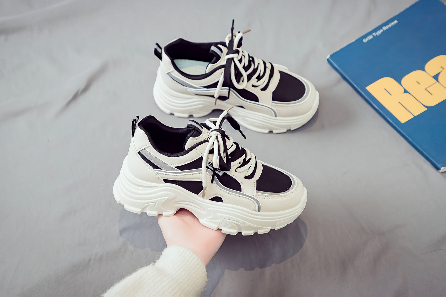 Women's Trendy Chunky Sneakers - Breathable Lace-Up Dad Shoes with Thick PVC Sole, White Beige Two-Tone Design, Versatile Low-Top Style for Casual Attire