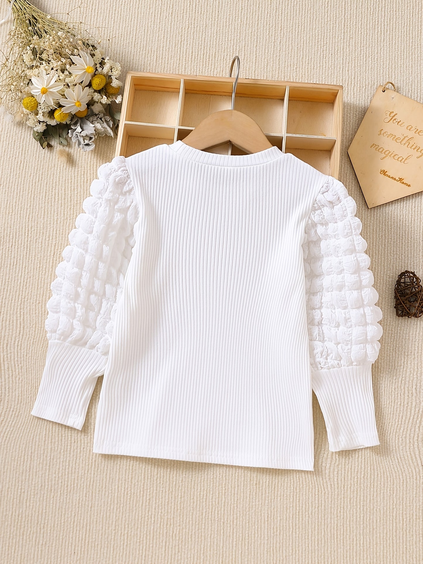 Girls' Long Sleeve Knit Top with Ruffle Lantern Sleeves - Soft Cotton