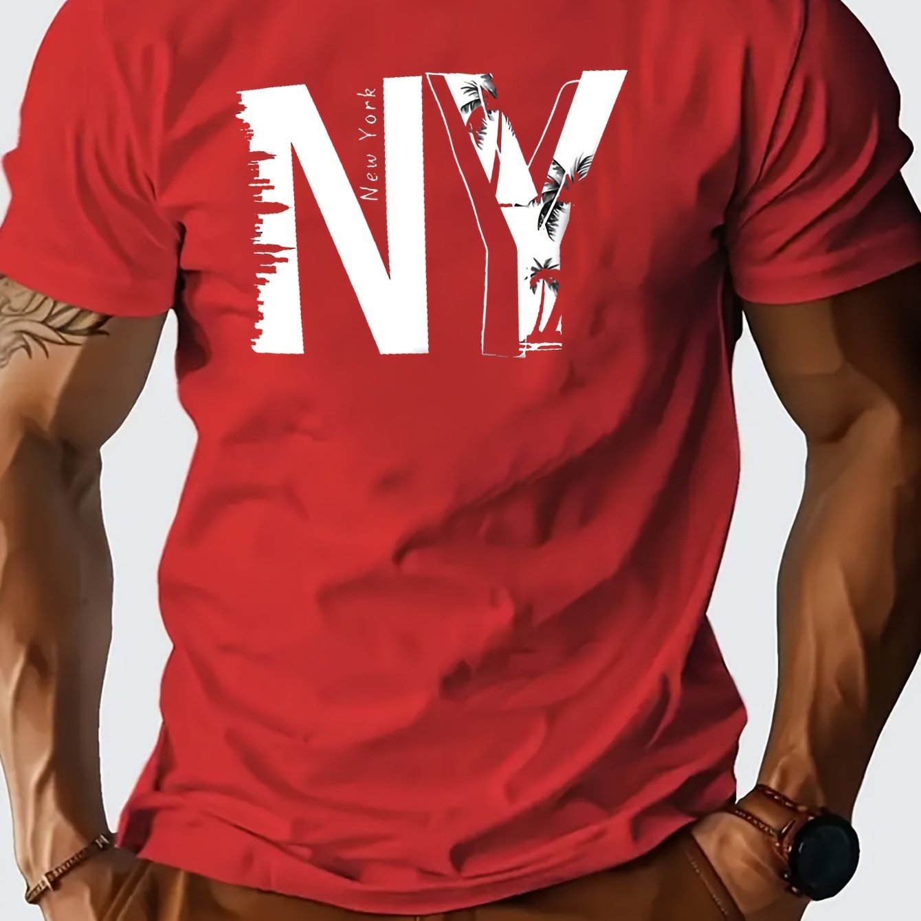 1pc Men'S Casual Cotton Blend T-Shirt with Letter Print, Round Neck, Regular Fit for Summer - Black, Navy, Red