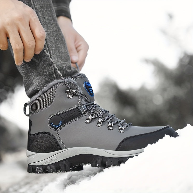Men'S Winter Snow Warm Hiking Boots, Plush Ankle Boots, Lace-Up Outdoor Trend Style, Suitable for Hiking on Snowy Ground