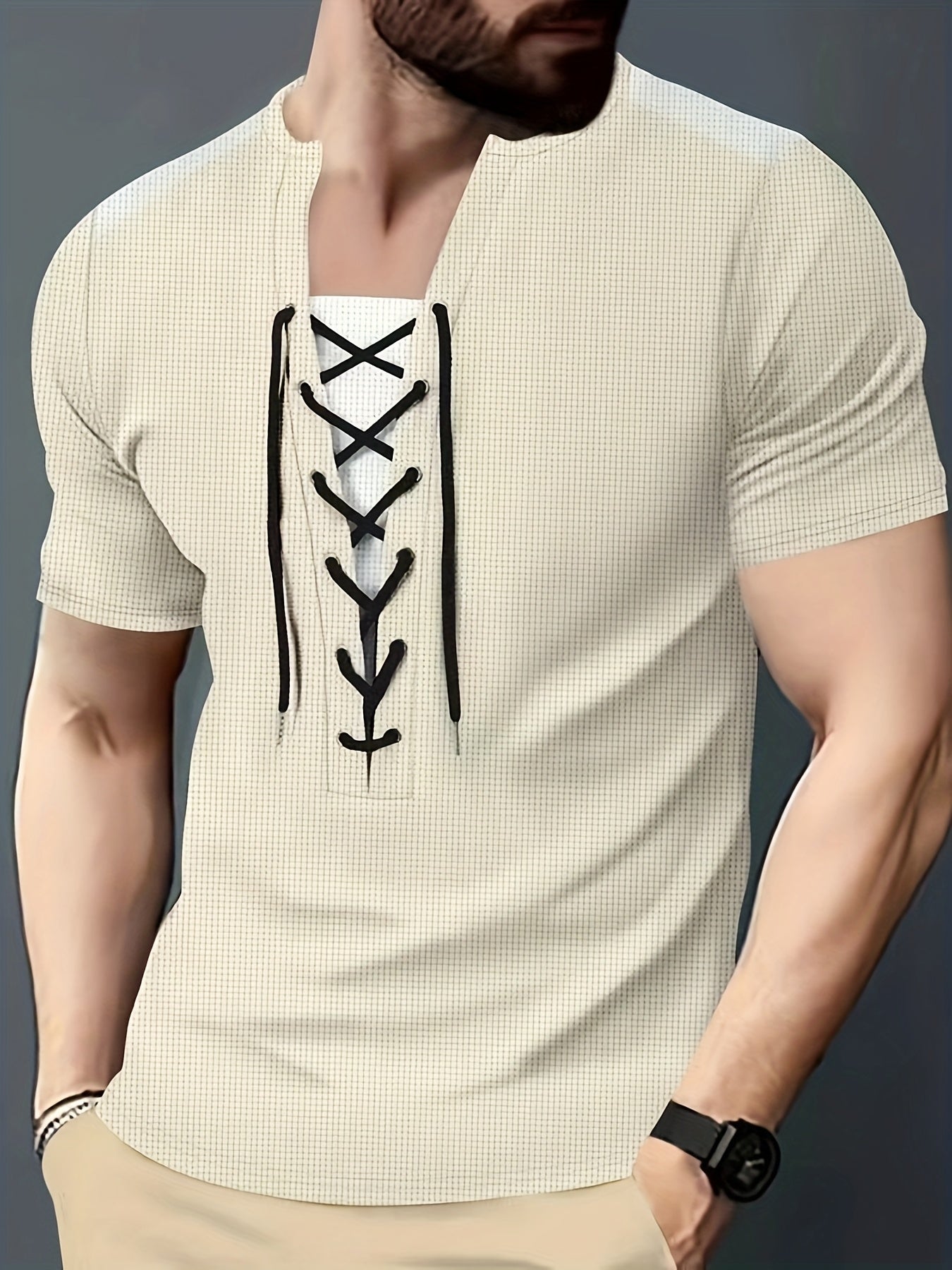 Men'S Casual Waffle Knit Short Sleeve T-Shirt with Drawstring Detail - Maroon Black, Round Neck, Breathable Polyester Fabric for Summer Outings, Casual Weekend Wear Round Neck Tee Stylish Contrast Stitchin