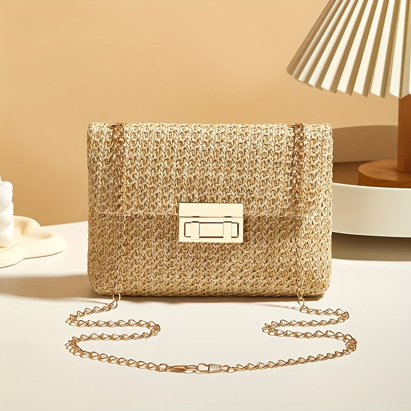 Crossbody Bag for Women Chain Strap Summer Beach Straw Flap Handbag Stylish Accessory Shoulder Bag for Day-to-Night Outfits
