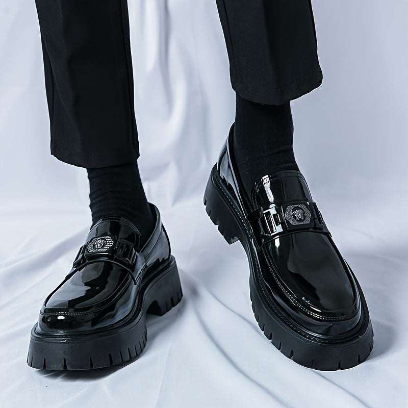 Men'S Black Soft Patent Platform Chunky Heel Loafers Fashion Tassel Business Casual Formal Work Shoes Non-Slip Lug Sole Slip-On Penny Loafers