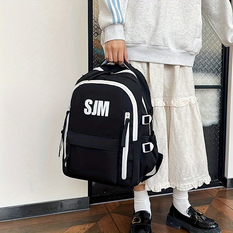 Stylish Unisex Nylon Backpack - Durable Casual Travel School Bag with Adjustable Straps, White Blue Design, Lightweight and Spacious for Everyday Use, School Backpack Contrast Strap Design Polyester Lined, Travel Back